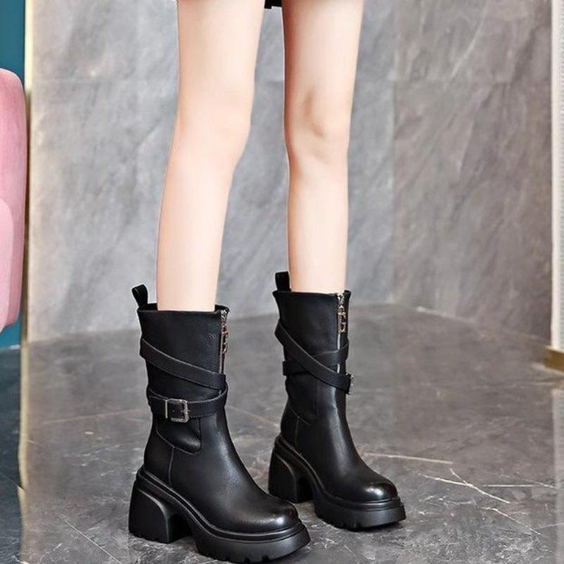Small Thick-soled High-heeled Medium Tube Martin Boots Autumn and Winter New Belt Buckle Side Zipper Temperament Outer Wear Women's Boots
