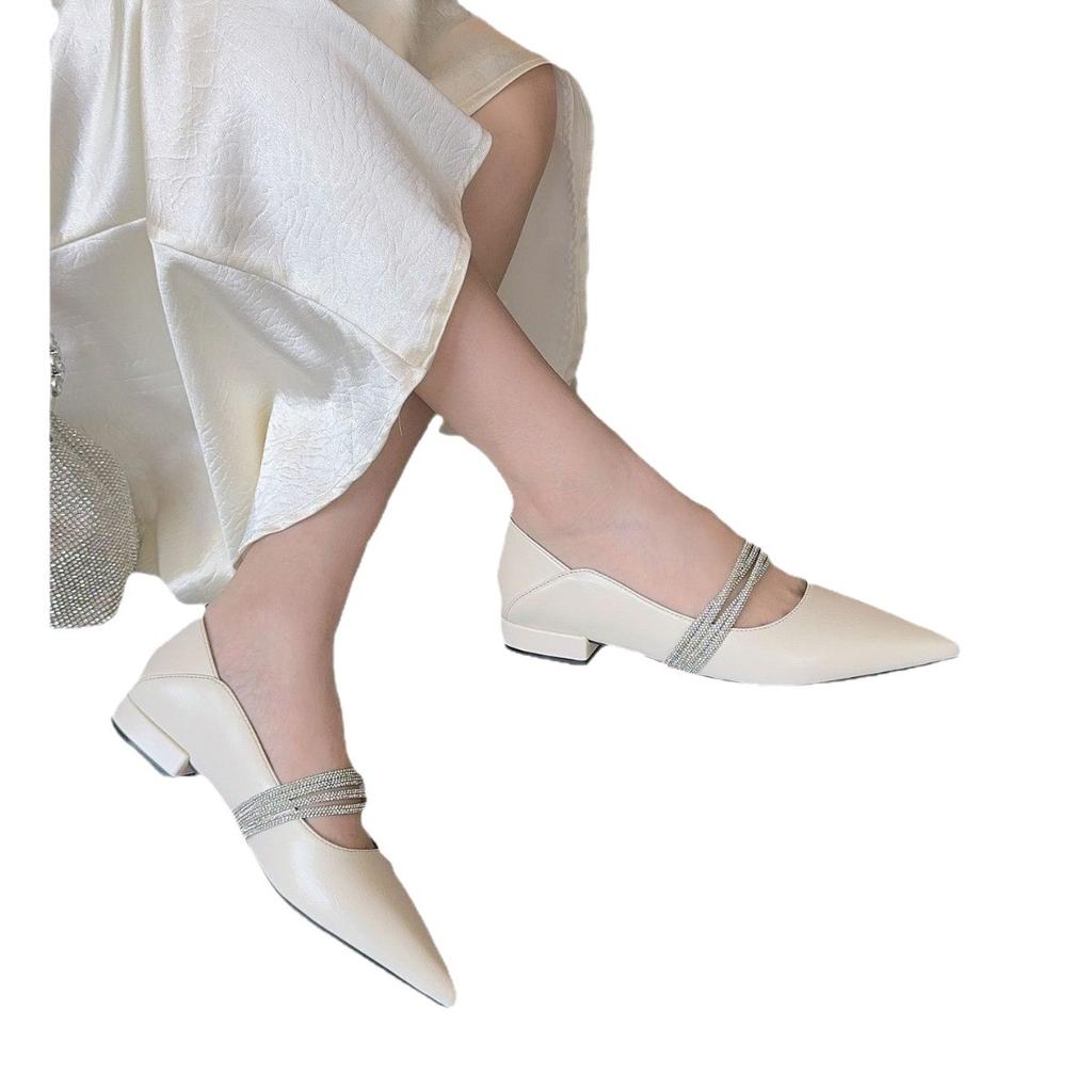 European station pointed women's shoes 25 autumn cowhide shallow mouth with diamonds small women bag head flat sandals lady style fashion