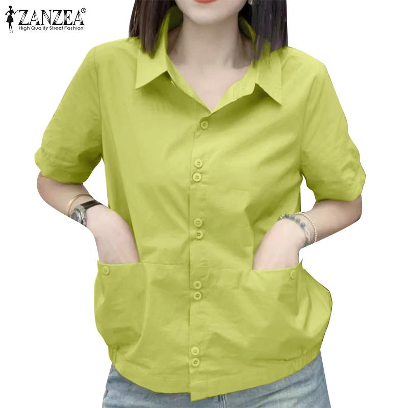 ZANZEA Women Casual Turn Down Collar Solid Color Short Sleeve Blouse