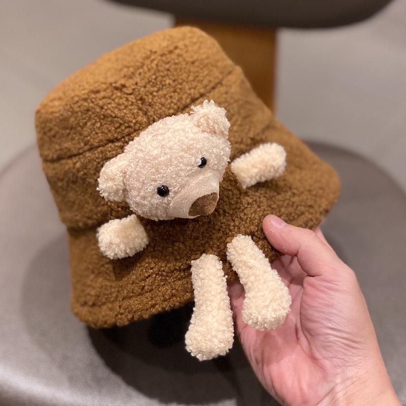 

Шапка женская осенне-зимняя универсальная из овечьей шерсти, панама-ведро с милым милым милым теплым беретом с мишкой M（56-58cm） темно-коричневого