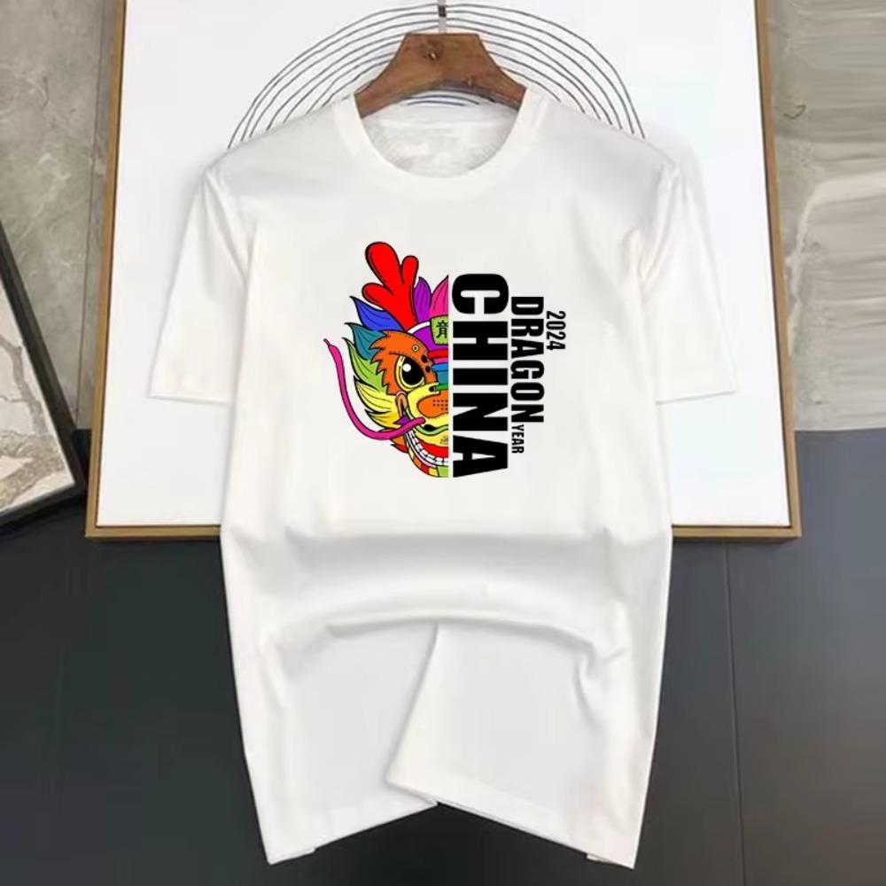 Tops 100% Algodón 2024 Año del Dragón China Dibujos Animados Manga Corta Camisetas Hombre Street Tees Sueltas Oversize Ropa Suave Transpirable