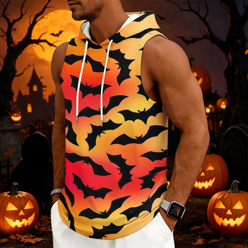 Men's Halloween Costume Hooded Vest, Sleeveless Drawstring Print Pullover for Party and Daily Wear
