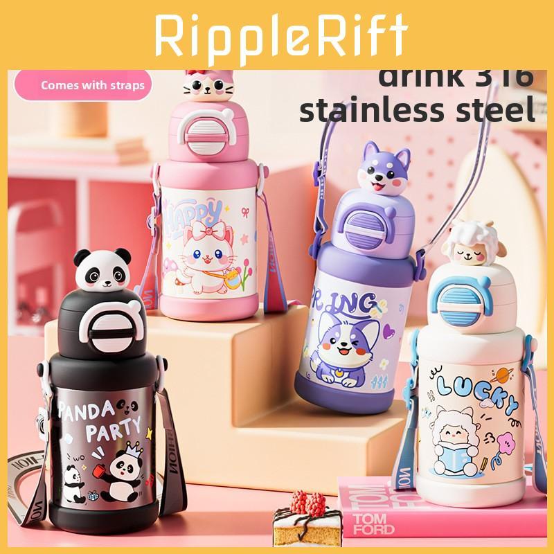 Cat Cartoon Pattern Children Vacuum Flask With Carry Strap For School And Travel