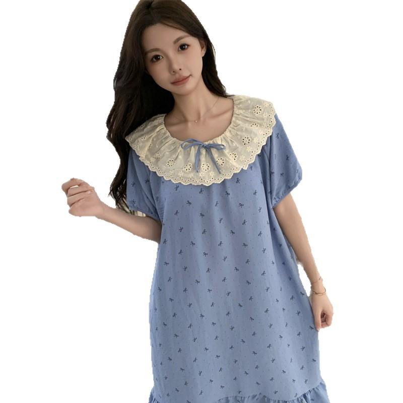 Pajamas women's summer sweet princess style lace short-sleeved pajamas women's loose long over-the-knee girls' home