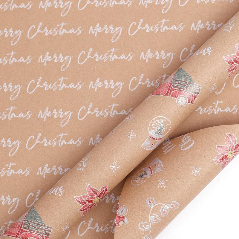 1 Roll Christmas Wrapping Paper Roll - Double-Sided Kraft & Light Brown with Snowflakes, Bells, Candy Canes, Gift Wrapping Paper