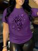 Women's Purple Rose Print Crew Neck Short Sleeve T-Shirt Casual Party Machine Washable Plus Size Top