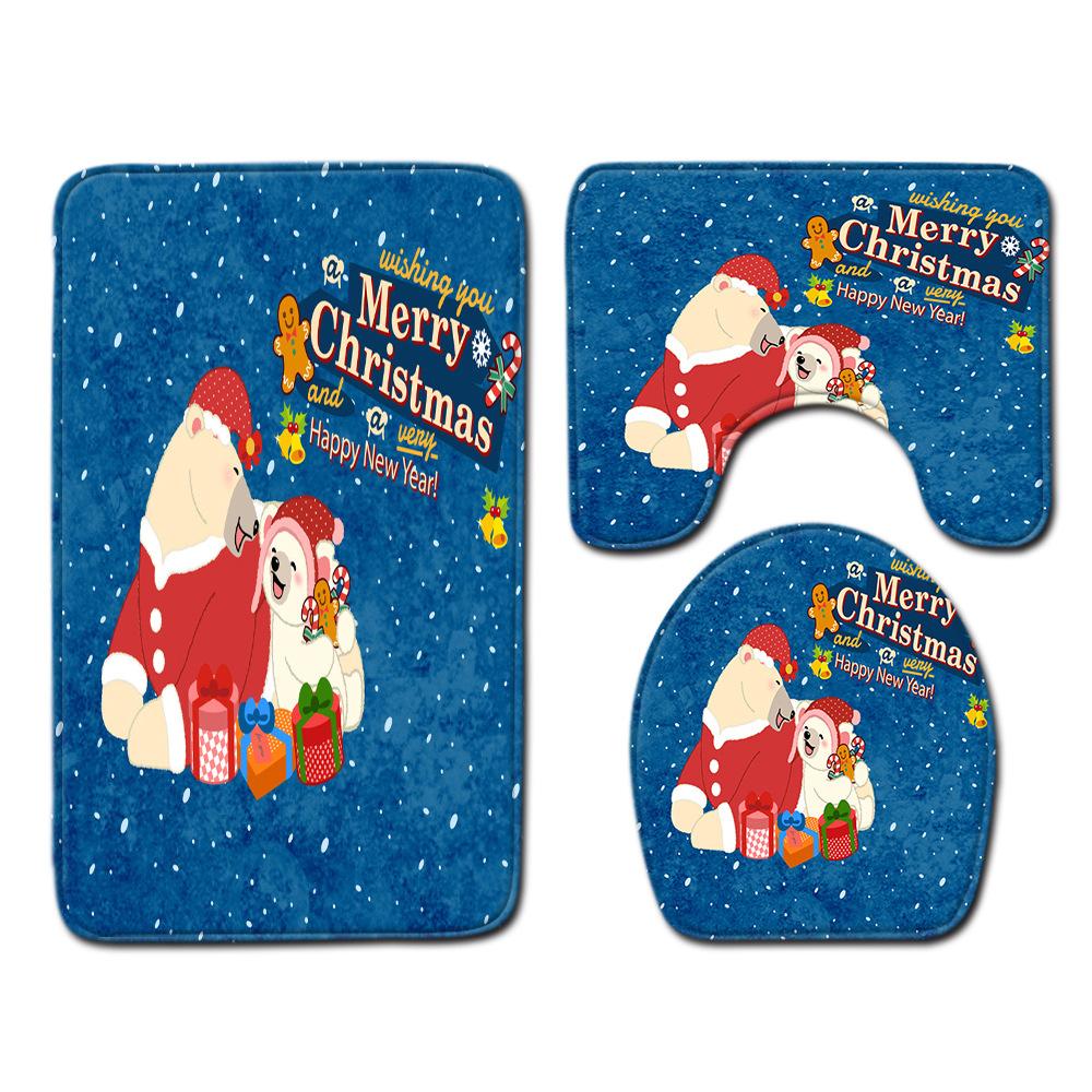 Christmas Shower Curtain Floor Mat Combination Four-Piece Set Kitchen Door Mat Bedroom Living Room Carpet