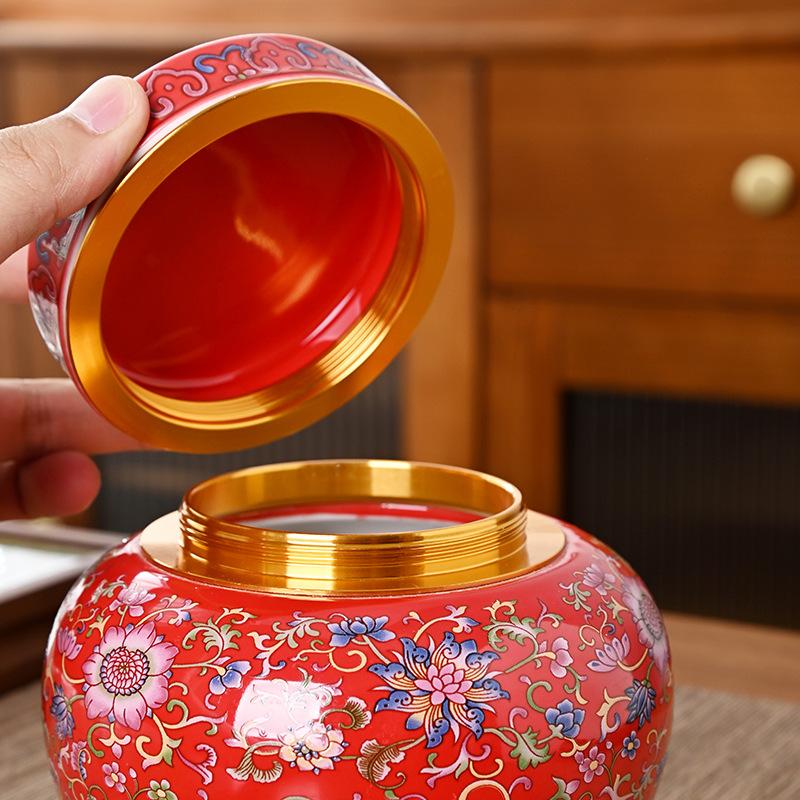 Luxury Gold-plated Ceramic Tea Canister with Climbing Lotus Painted Flowers Storage Jar Craft Desktop Ornament Storage Jar Decor