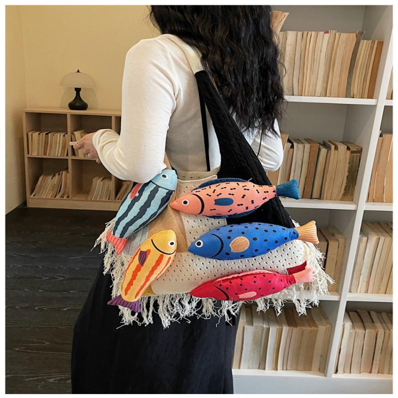 Cut Out Knitted Shoulder Bag Little Fish Pattern Contrast Color Soft Large Tote Bag for Ladies Weekend Shopping Trips