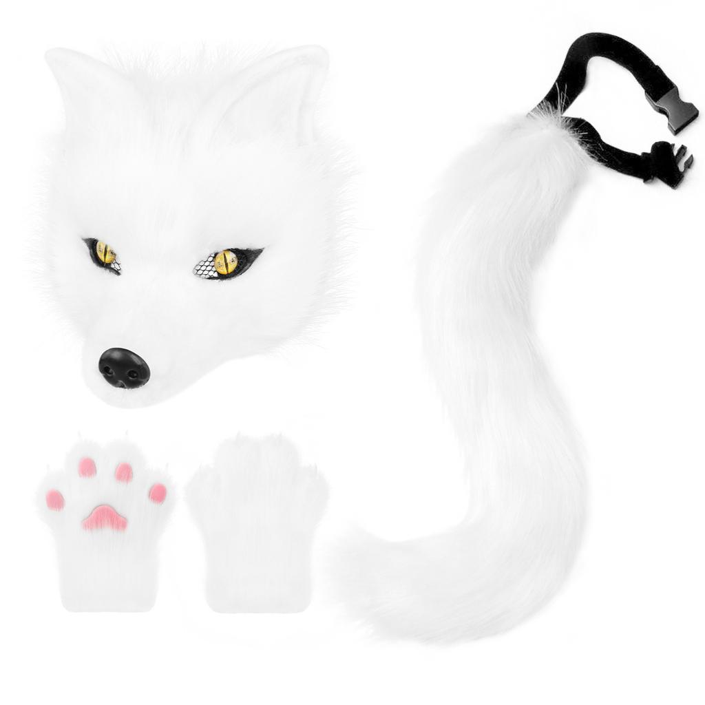 Halloween Party Plush Simulated Fox Tail Half-Face Mask and Animal Claw Glove Set cos Props