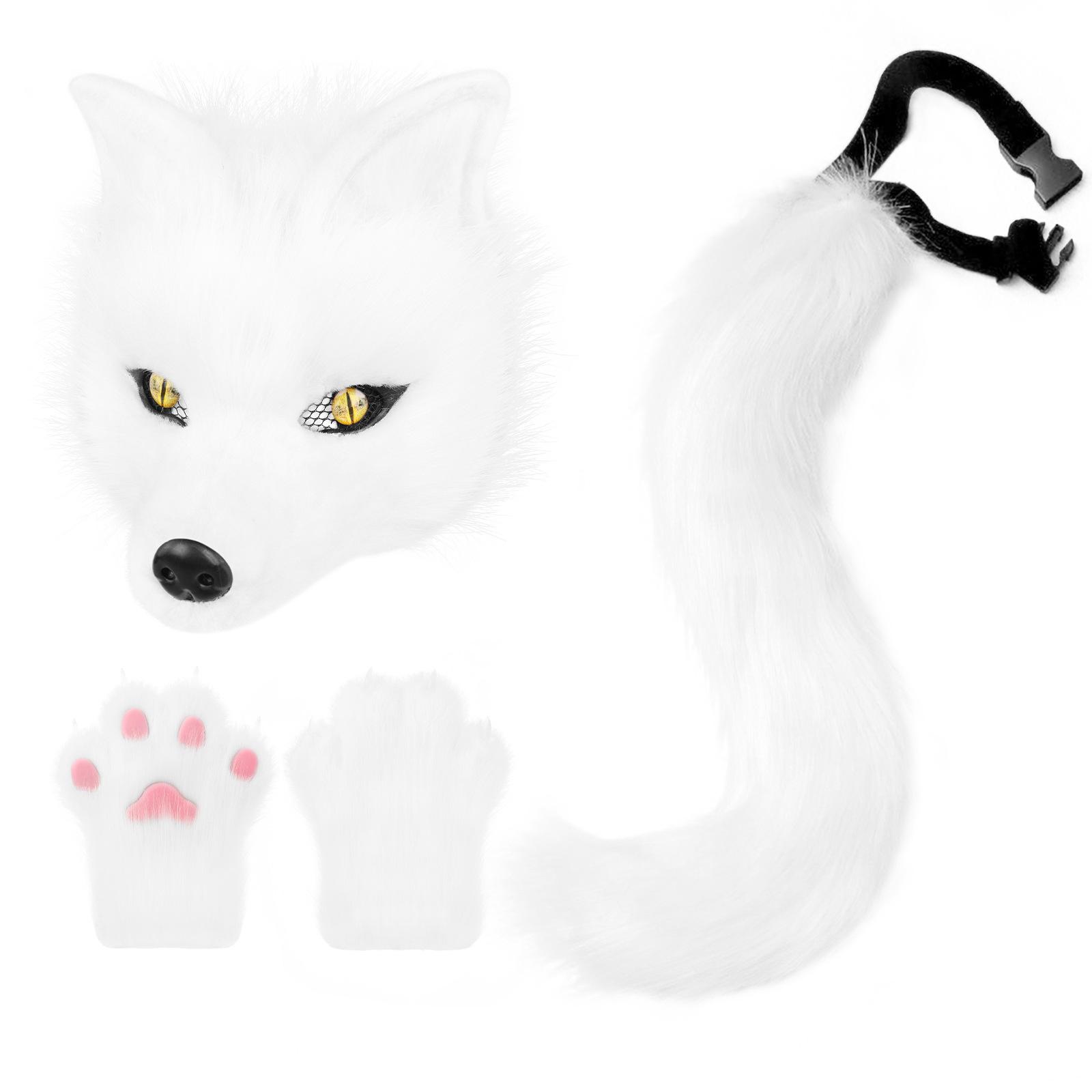 

Halloween Party Plush Simulated Fox Tail Half-Face Mask and Animal Claw Glove Set cos Props белый