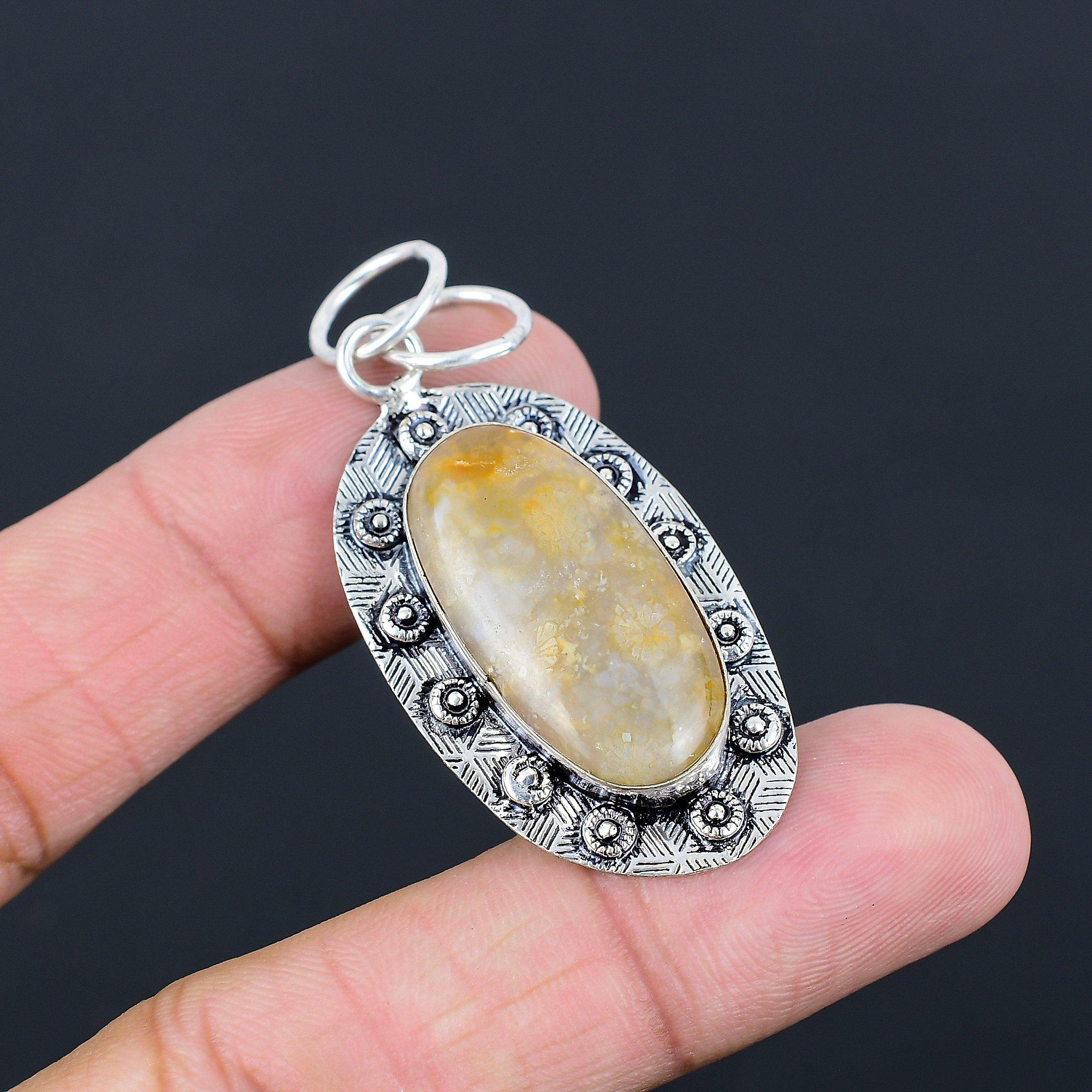 Mothers day Sale Natural Fossil Coral 925 Sterling Silver Bezel Handmade Pendant