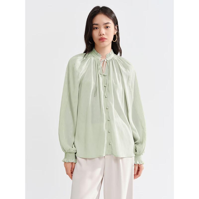 Peacebird Women s Elegant Jacquard Ruffled Collar Long-Sleeve Shirt S