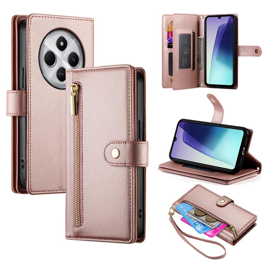 DF-011 Leather Case For Xiaomi Poco C75 4G/Redmi 14R 5G/14C 4G Zipper Pocket Wallet Phone Cover with Straps