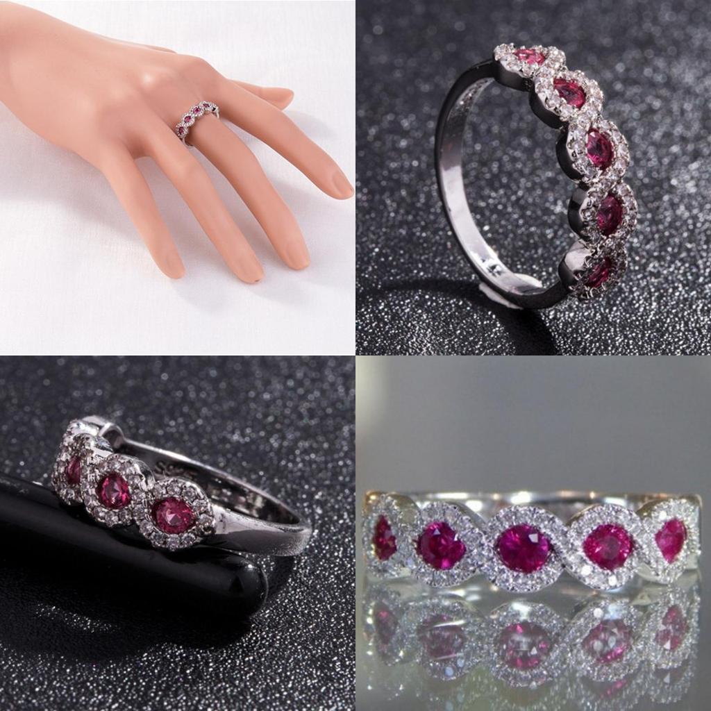 Elegant Ruby Right Hand Ring With Silver Eternal Bridal Wedding Band