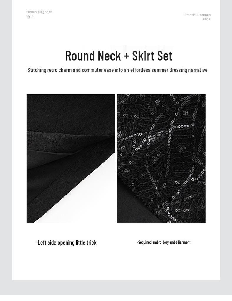 French Sequin Embroidery Vest & Tencel Midi Skirt Two-Piece Set for Women