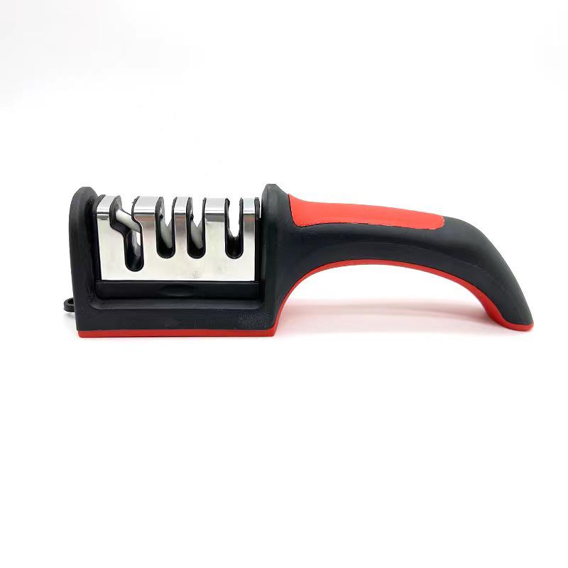 Red & Black 4-Stage Knife Sharpener: Manual Double-edged Ceramic & Tungsten Steel for Home Kitchen Use