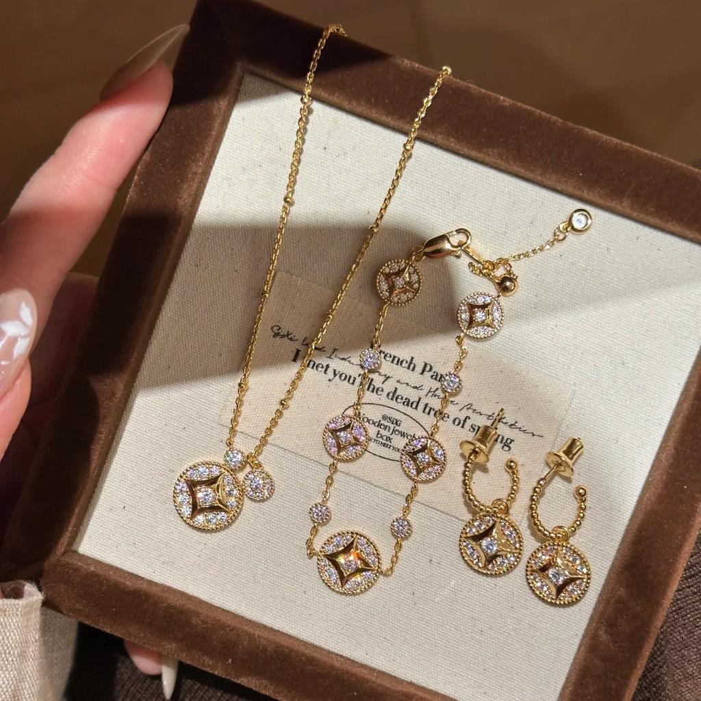Old Money Wind Copper Coin Necklace Collarbone Chain Fashionable Light Luxury Diamond-Encrusted Money Bracelet Coin Earrings Earrings Women