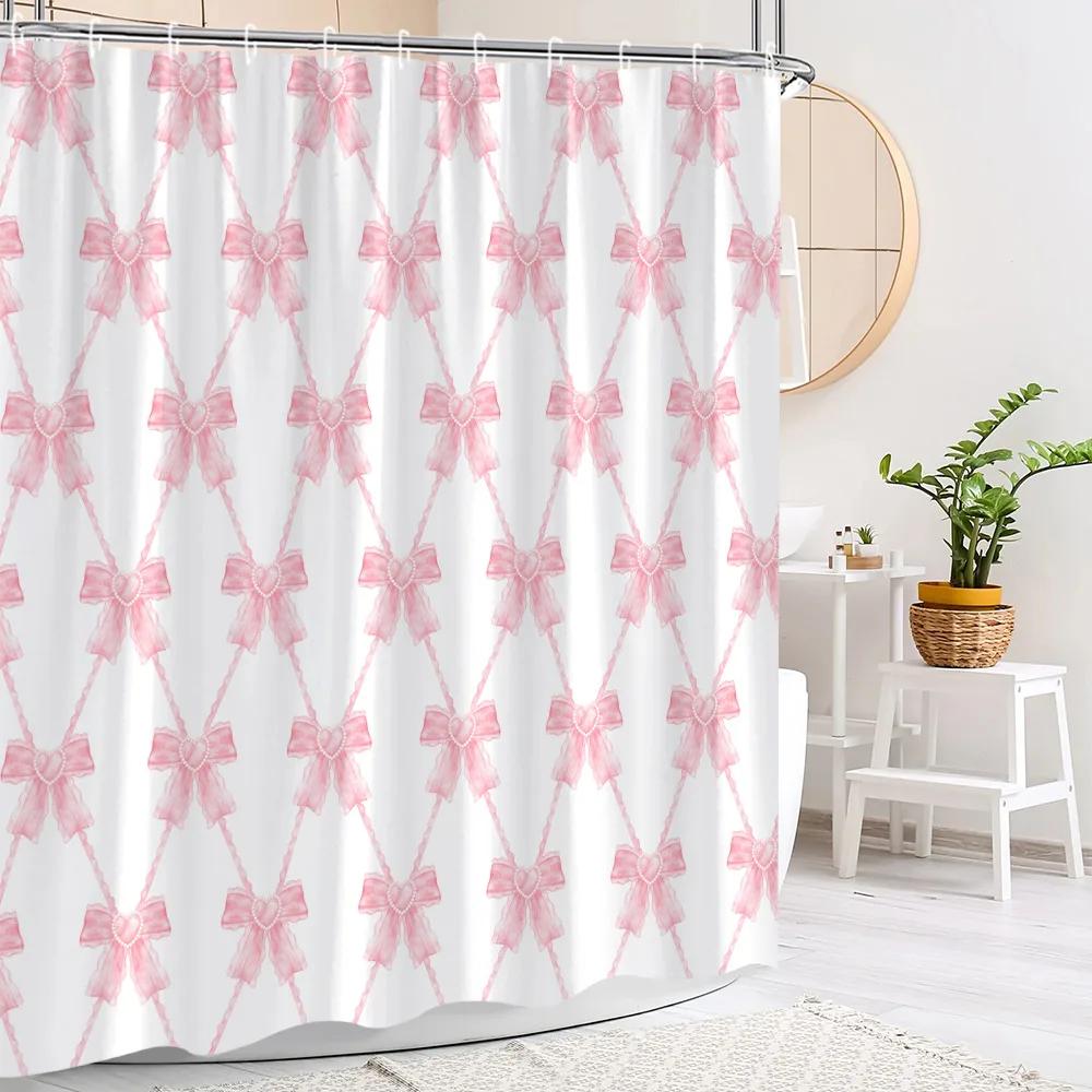 Pink Cute Bow Shower Curtain Fashion Stripe Plaid Girls' Holiday Gift Polyester Fabric Shower Curtains Bathroom Decor With Hooks