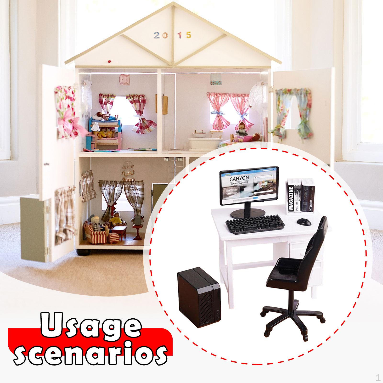 

1/12 Computer Desk and Chair Miniature Gaming Table Scenes Diorama Scenery Furniture for білий