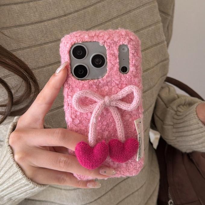 

Luxury Furry 3D Bowknot Love Heart Case for iPhone 13 14 15 16 17 Pro Max 17Pro Candy Color Collision Winter Plush Ins Cover iPhone 13