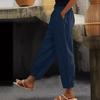 Women's Fashion Loose Cotton Linen Color Casual Side Pocket Elastic Drawstring Trousers