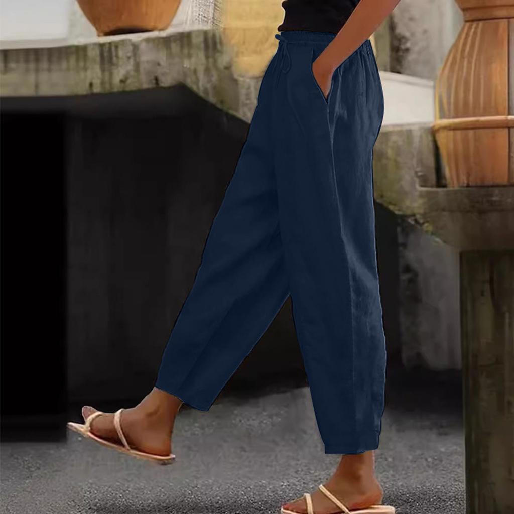Women's Fashion Loose Cotton Linen Color Casual Side Pocket Elastic Drawstring Trousers