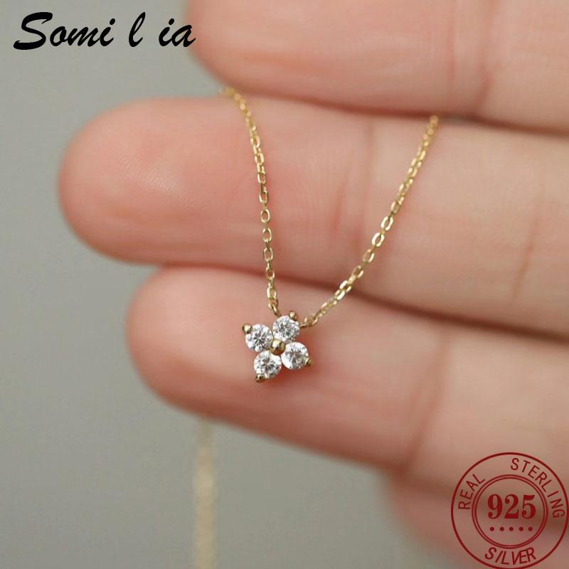 Somilia 925 Silver Super Flash Four 5A Zircon Necklace for Women Simple INS Gold Silver Color Clavicle Chain Jewelry