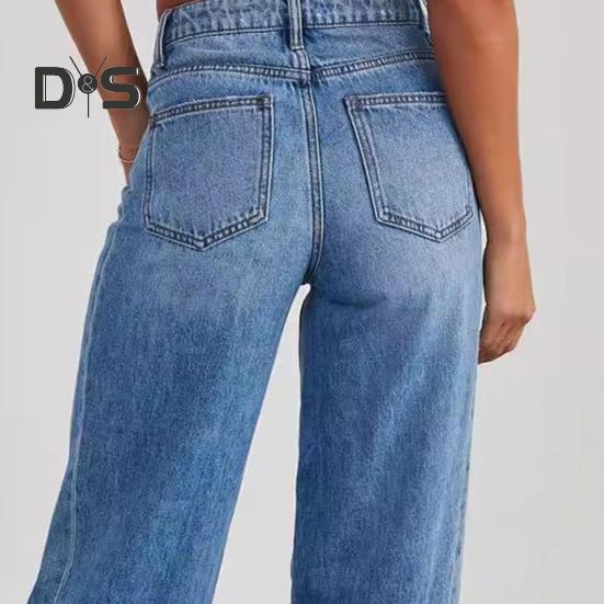 Damenjeans mit mehreren Taschen, Knopf, Reißverschluss, Jeanshose, seitliche Spleißnähte, Gratbesatz, einfarbige Jeans