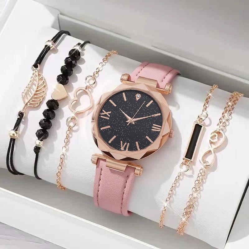 Fashionable Simple Trendy Round Dial Leather Strap Women's Quartz Watch Bracelet Set for Christmas and Thanksgiving Gifts