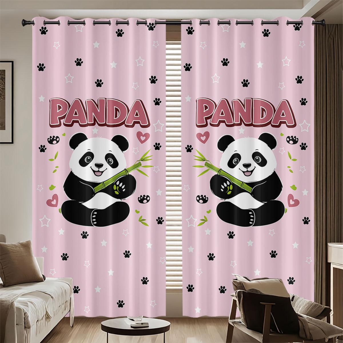 2pcs Pink Heart-Shaped Panda Print Perforated Blackout Curtains Multiple Sizes Living Room Insulation Decoration Easy To Install 100*130 HOOK 1pcs