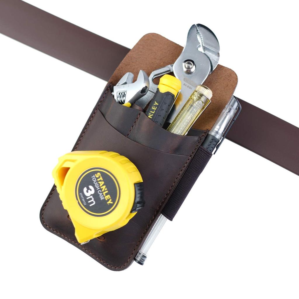 Viperade PJ14 Leather Tool Organizer Sheath with Tape Measure Pliers Screwdriver and 1 Tactical Pen Loop Pouch, 4-Pocket Holder, Pouch, Holster,