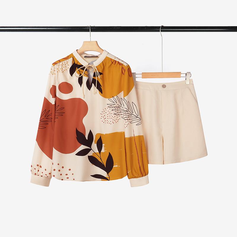 ZANZEA Women Long Sleeve Print Blouse and Shorts Casual Two Piece Suit Sets