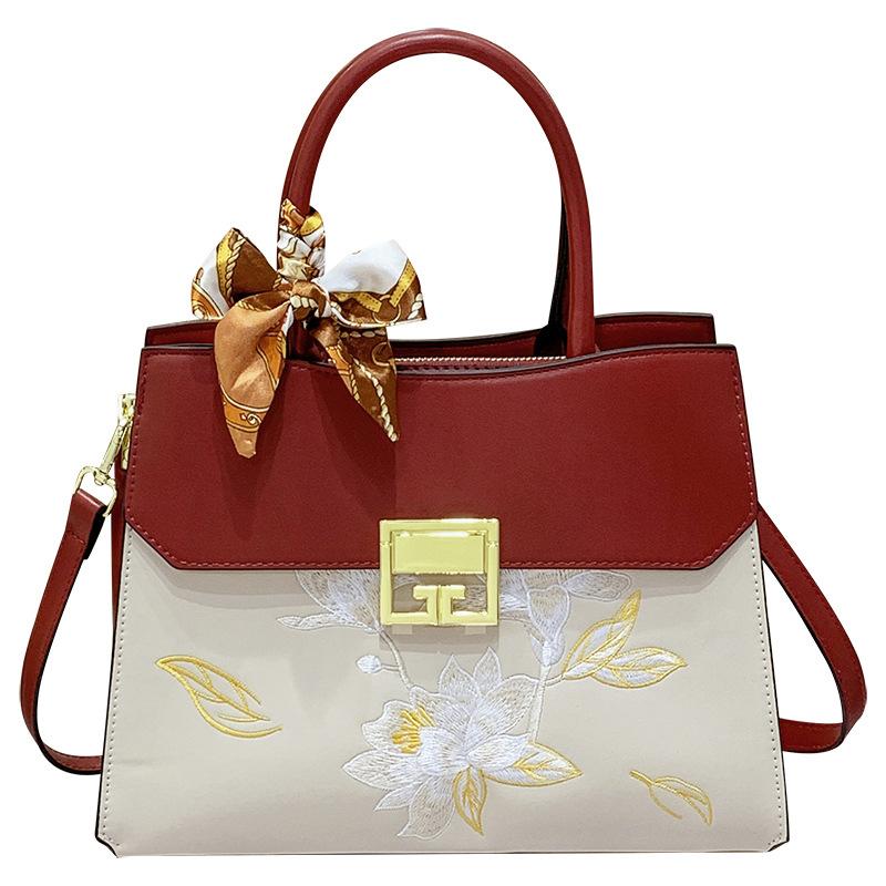 Wedding Bag Handbag Women's Bag New Fashionable Large Capacity Embroidered Lotus Embroidered Mother Bag One Shoulder Crossbody Bag