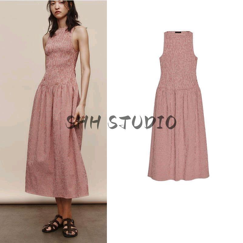 Spring New Women's Clothing French Style Retro Crew Neck Sleeveless Silm Gingham Midi Skirt Dress 3067329