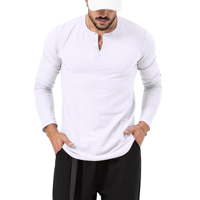 

2026 European Men s Solid Color Round Neck Henley T-Shirt Long Sleeve Casual Sports Base Layer XXXL білий
