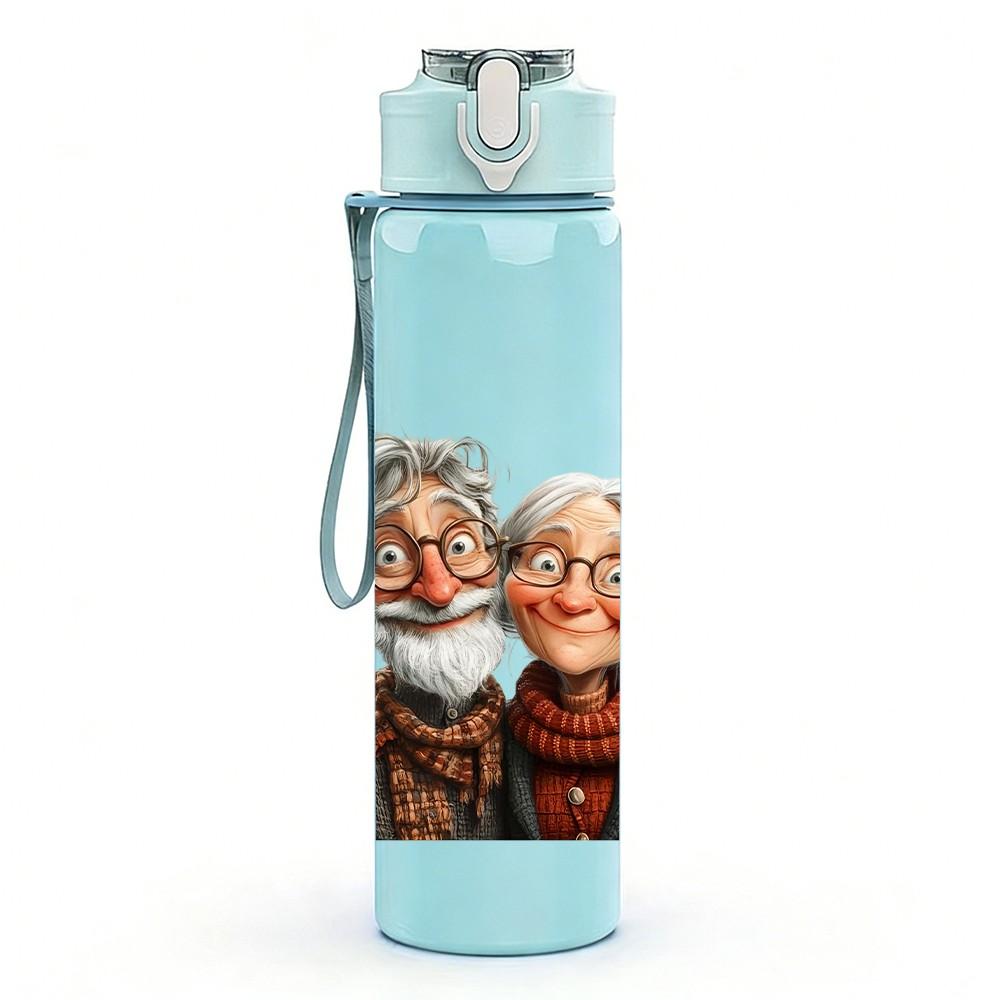 1PC Elderly Old Couple Portrait Pattern 750ml Color Plastic Sports Water Bottle Leakproof Flip Straw Lid Suitable for Sports Office Home Use