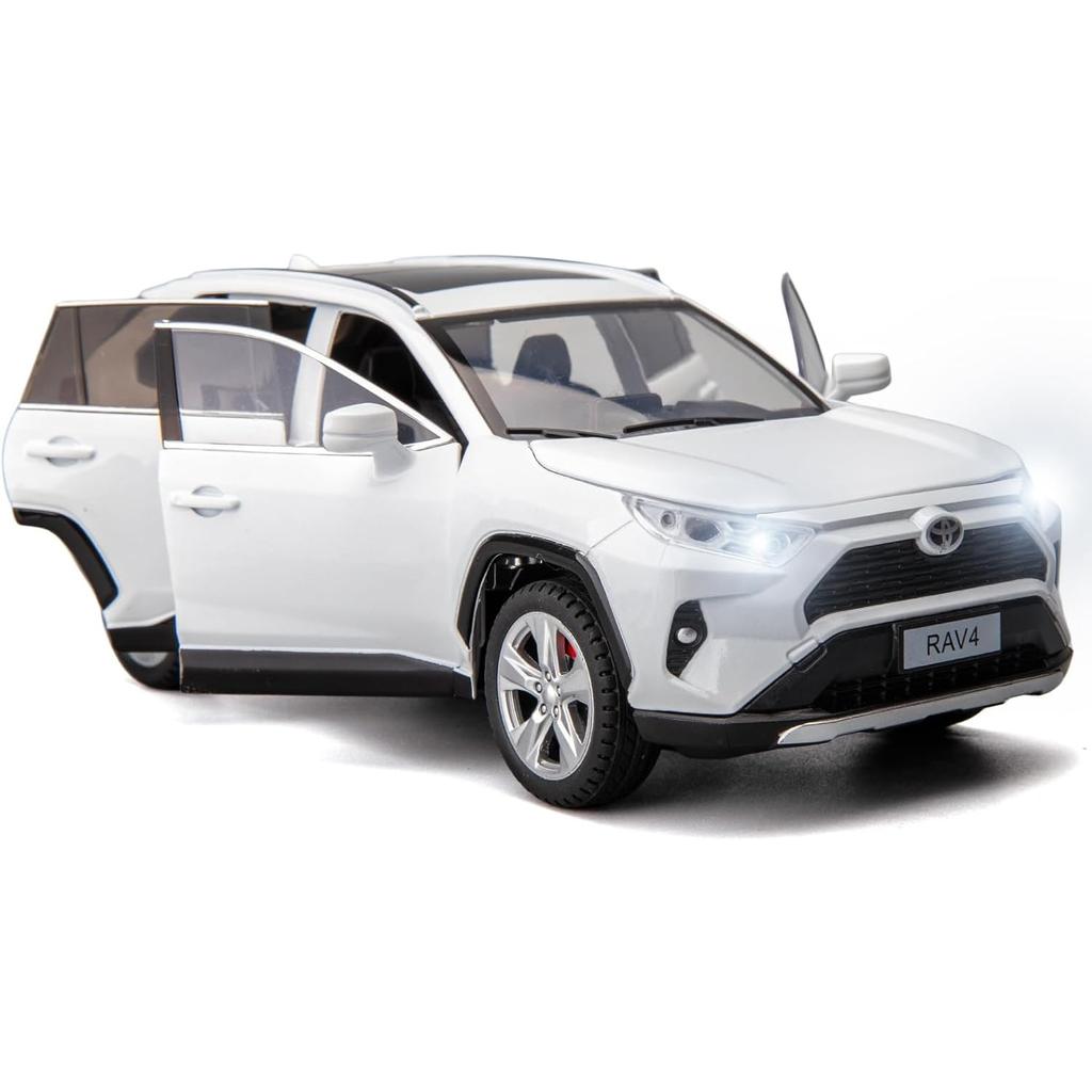1/24, совместимая с моделью автомобиля Toyota RAV4, литая под давлением из цинкового сплава, коллекционная игрушечная машинка с откатным механизмом со звуком и светом для детей, подарок для мальчиков и девочек, белый цвет