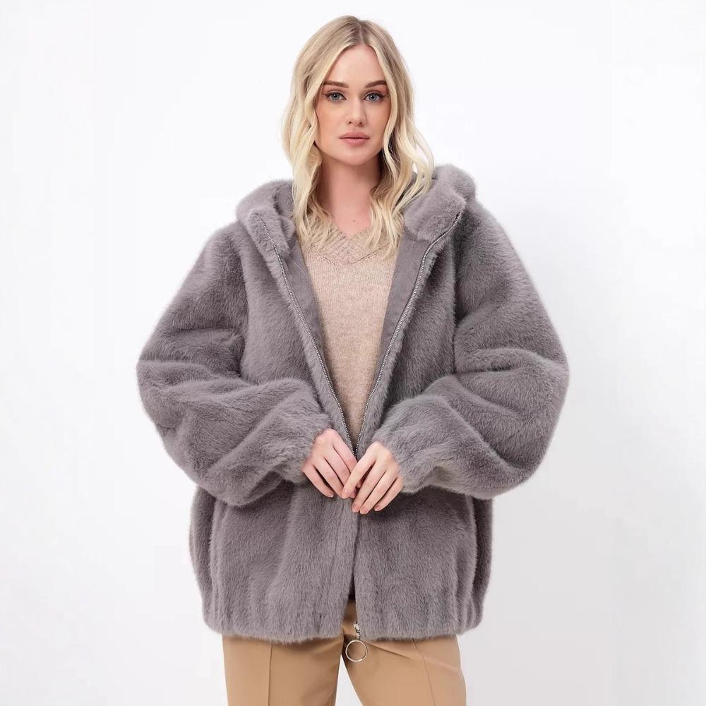 Women's Hooded Long Sleeve Zip Up Faux Fur Oversized Streetwear Winter Coat Jacket