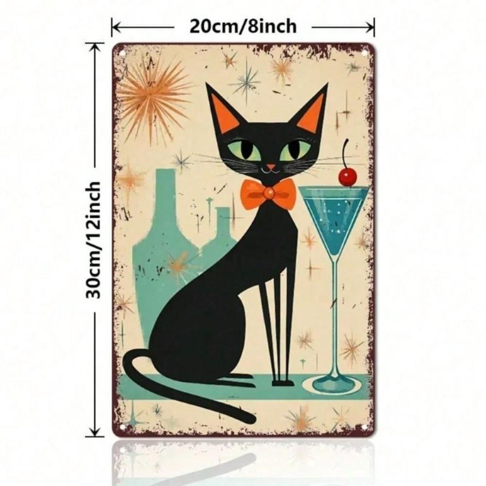 Vintage Black Cat Martini Metal Wall Poster, Retro Bar Patina Sign