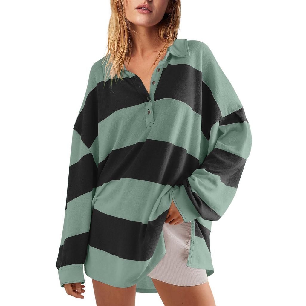 Women's Fashionable Striped Lapel Long Sleeved Sports Casual Pullover Sweatshirt Top