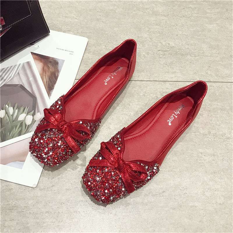 2025 spring new wedding shoes toasting shoes Korean version sequined red four-season single shoes square head large size women's shoes flat shoes