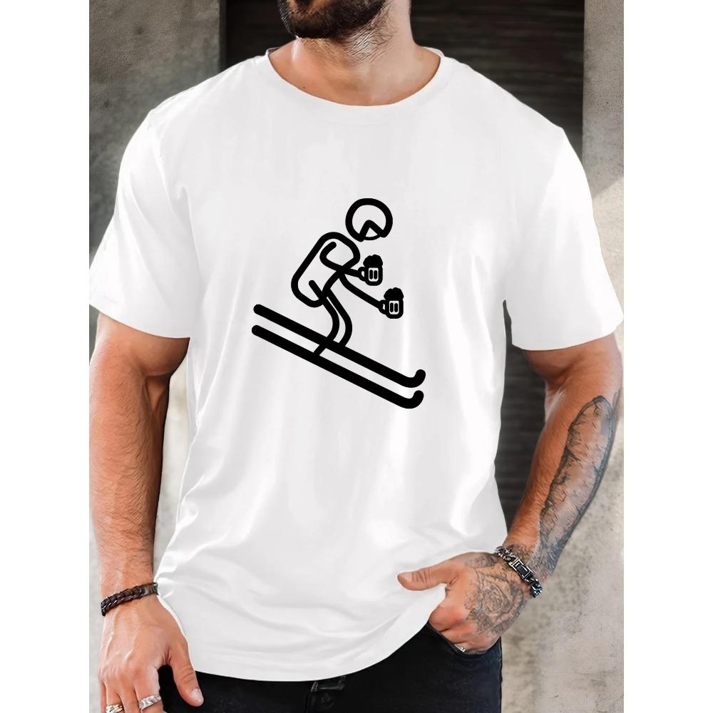 Male Skier Holding Beer Pattern Summer Casual Crew Neck Short T-shirt