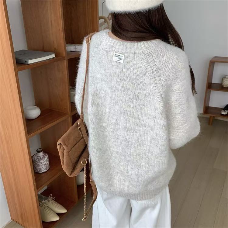 Round Neck Raglan Long Sleeved Mixed Color Plush Loose Pullover Women's Casual Sweater Pullover