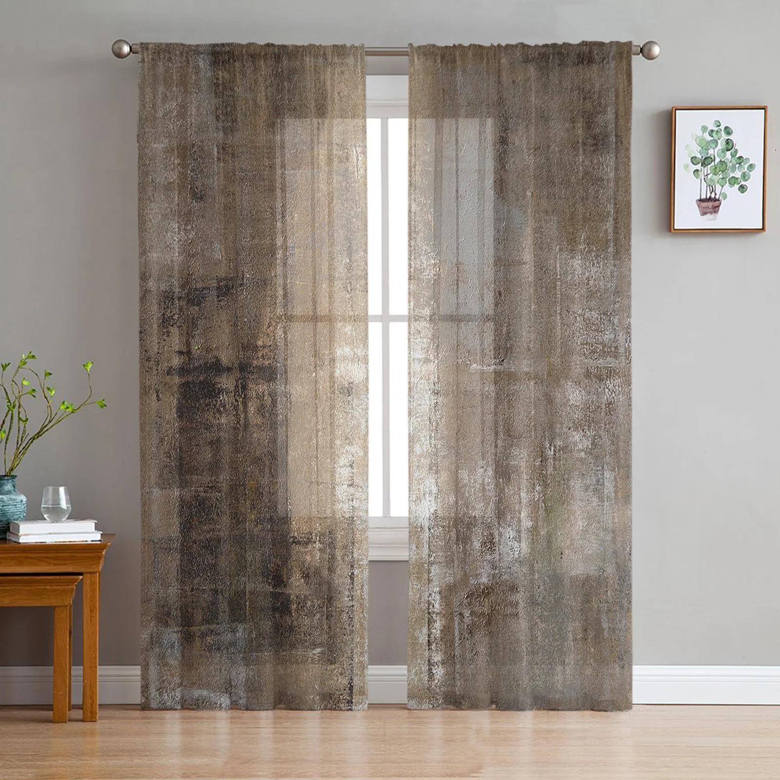 

Oil Painting Style Abstract Style Geometric Yellow Voile Curtains Bedroom Netting Window Curtain Living Room Sheer Curtains Drapes W135 x H115cm x1&Rod Pocket