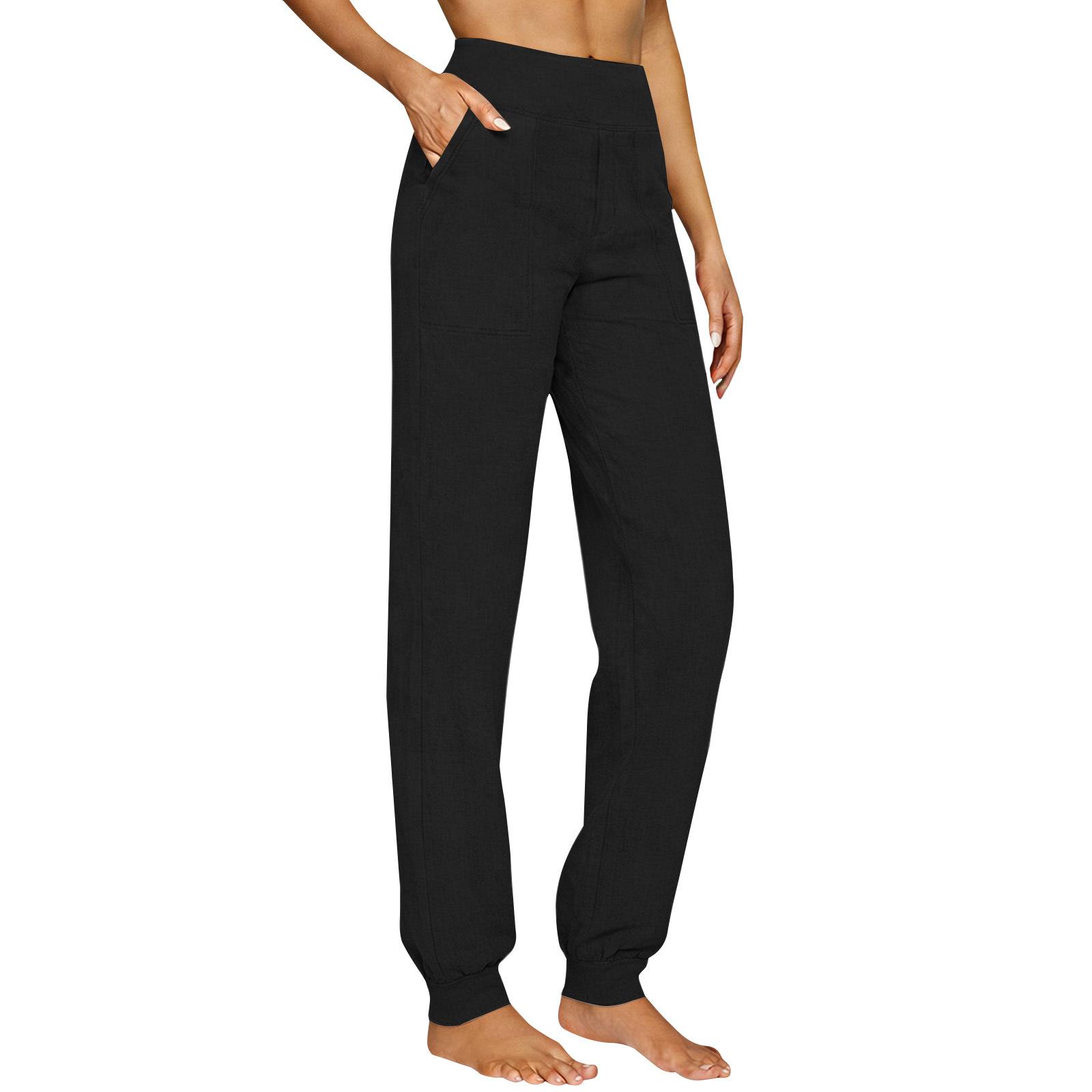 Women s Fashionable High-Waisted Elastic-Waist -Color Cotton-Linen Casual Pants L чёрный