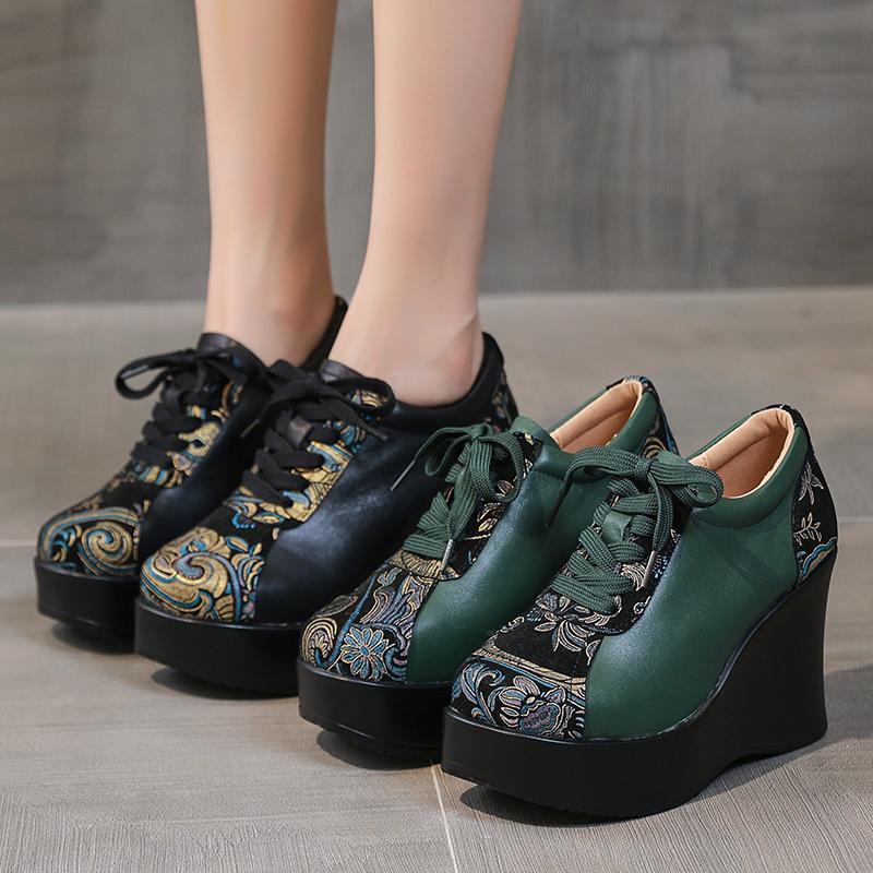 Fashion GKTINOO 2025 Spring Ethnic Style Women Genuine Leather Shoes Lace Up Wedges Heels Shoes Thick Sole Casual Ladies Platform Shoes