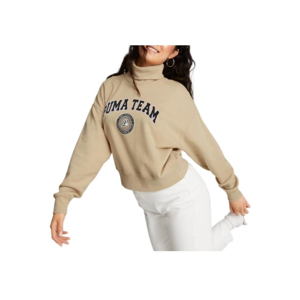 Puma Solid Color Logo Print High Collar Long Sleeve Sweatshirt Women Tops Camel 539271-67