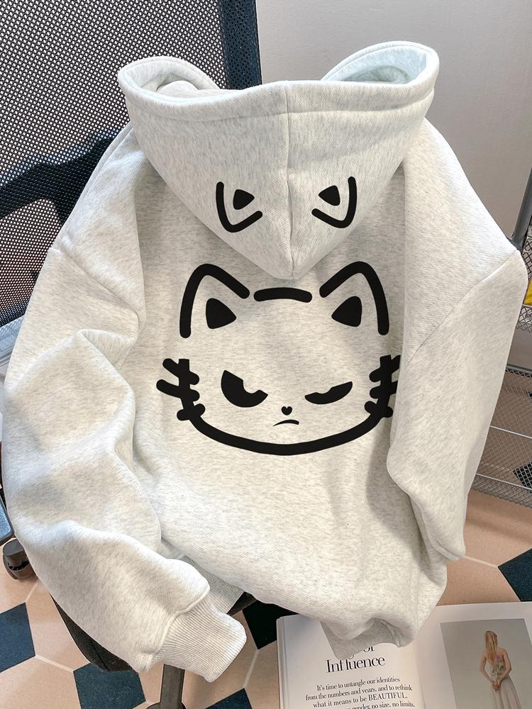 2025 Super Popular and Youthful Cartoon Cute Cat Print Hoodie Autumn New Style Japanese Loose Pure Cotton Hooded Top