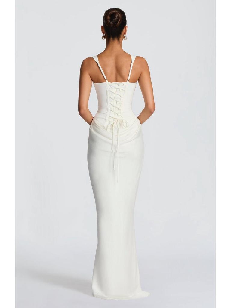 Women's Spring Slim Fishbone Strappy Long Dress - Solid Color Hip-Hugging Design